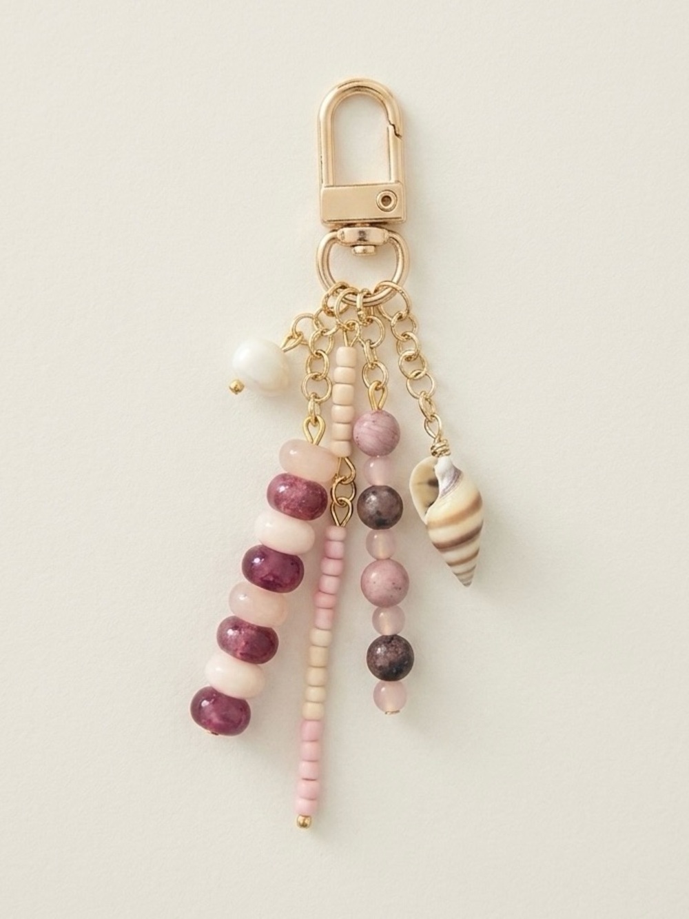 Pink Beaded Shell & Pearl Hand Crafted Bag Charm Keychain with Gold Tones